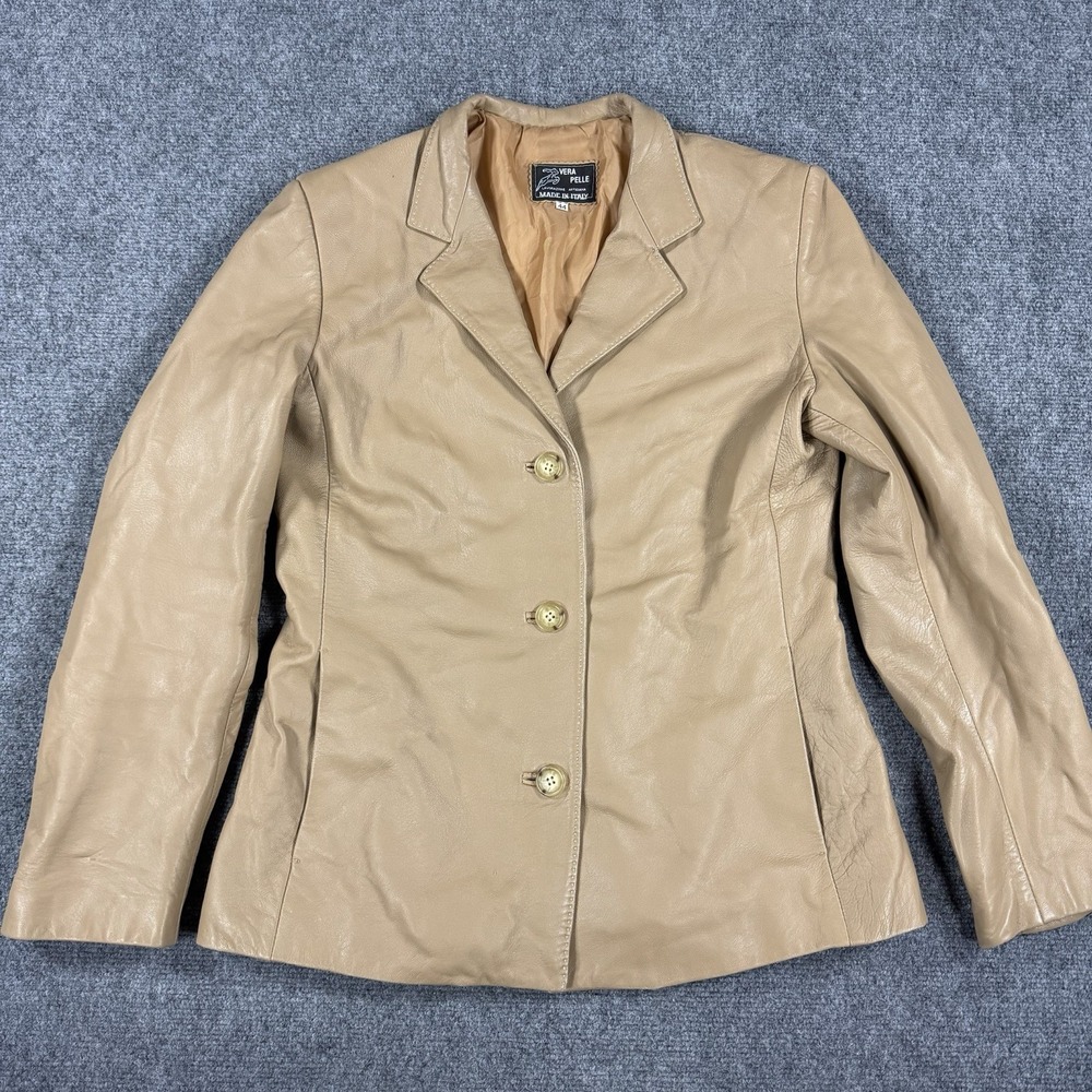 Vera Pelle Leather Jacket Womens 44 IT Tan Blazer Button Front Italy Soft